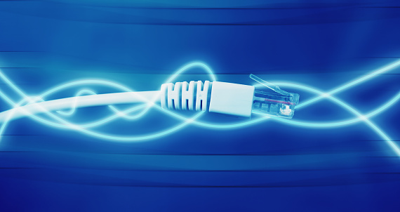 Blue colored network cables closeup with fiber optic.
