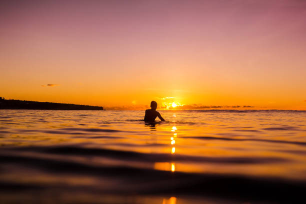 istock Sunset in Bali and surfer waiting for wave 905160468