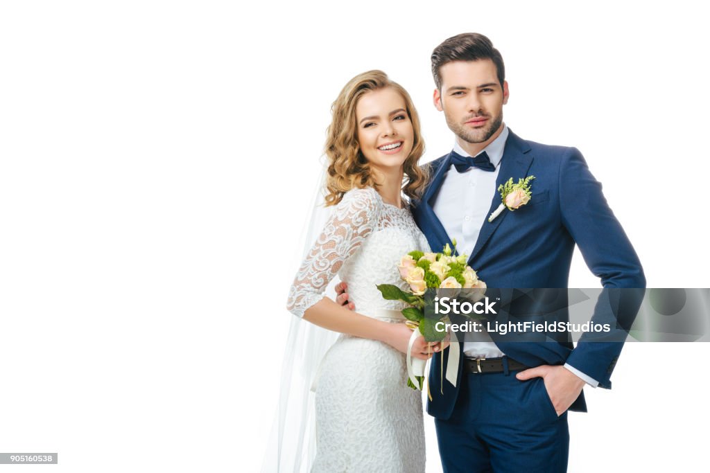 Porträt von lächelnden Braut Hochzeit Bouquet und Bräutigam - Lizenzfrei Braut Stock-Foto