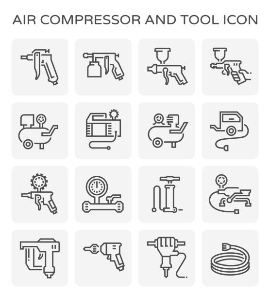 ilustraciones, imágenes clip art, dibujos animados e iconos de stock de icono de compresor de aire - hand tool construction equipment household equipment work tool