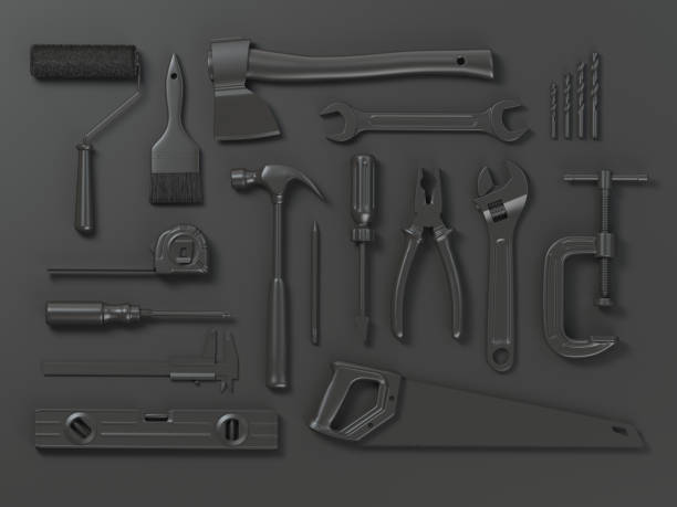 istock Set of of black tools on black background. Mock up. With paths 3d illustration 905164878