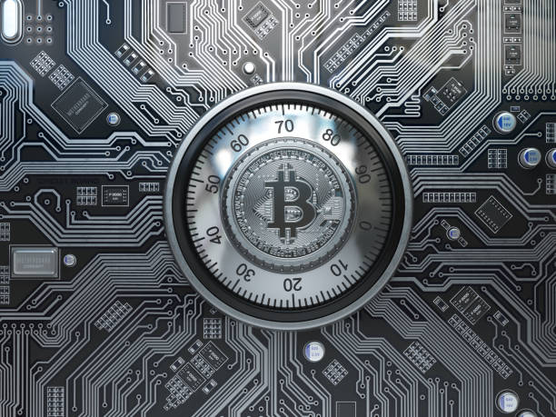 istock Bitcoin cryptocurrency security  and mining concept. Safe lock with symbol of bitcoin on circuit board. 905168316