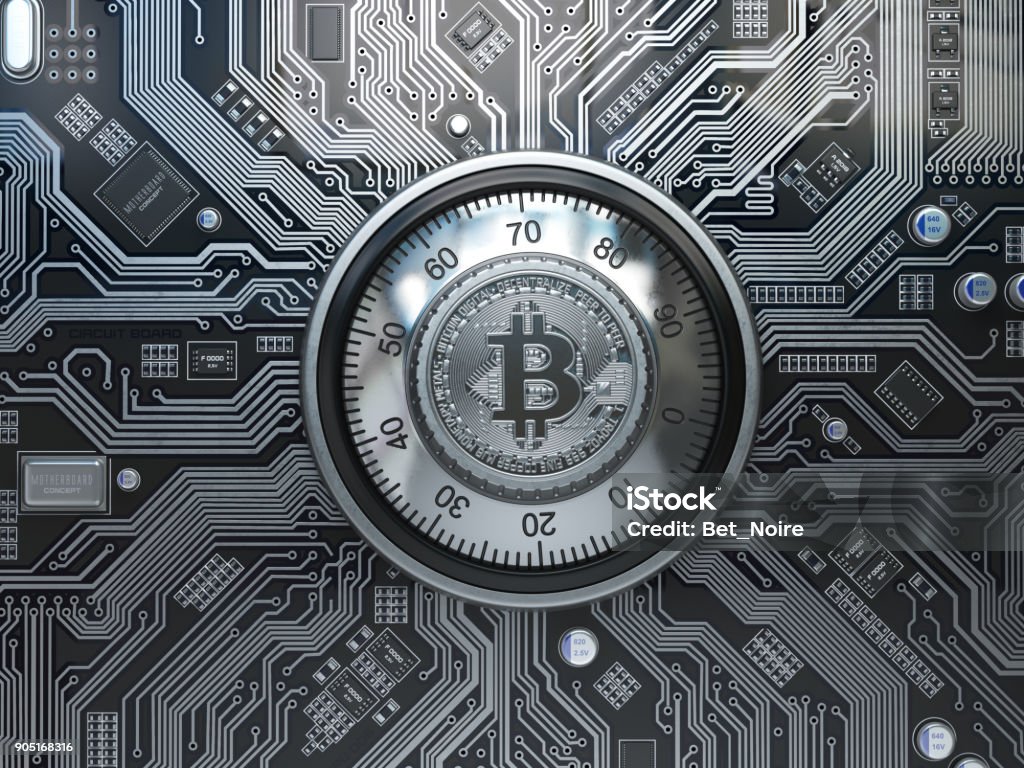 Bitcoin cryptocurrency conceito de segurança e de mineração. Fechamento seguro com símbolo de bitcoin na placa de circuito. - Foto de stock de Bitcoin royalty-free