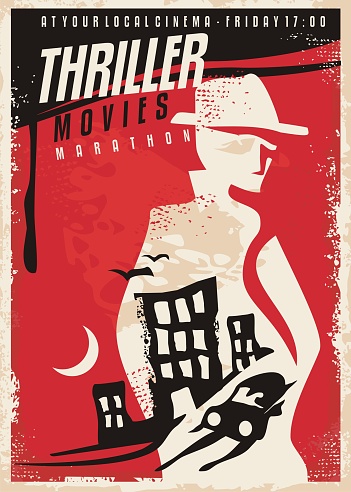 Creative poster design for thriller movie show. Cinema poster template with secret agent silhouette and night city scene. Vector layout.