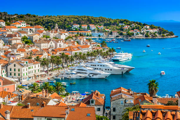 Hvar town mediterranean landscape. Aerial view at Hvar town in Southern Croatia, famous luxury travel destination in Europe, Mediterranean. croatian culture photos stock pictures, royalty-free photos & images