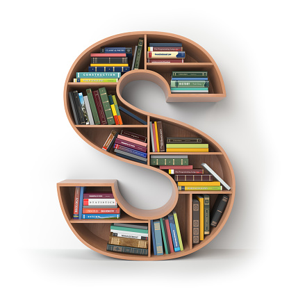 Letter S in the form of shelves with books isolated on white. 3d illustration
