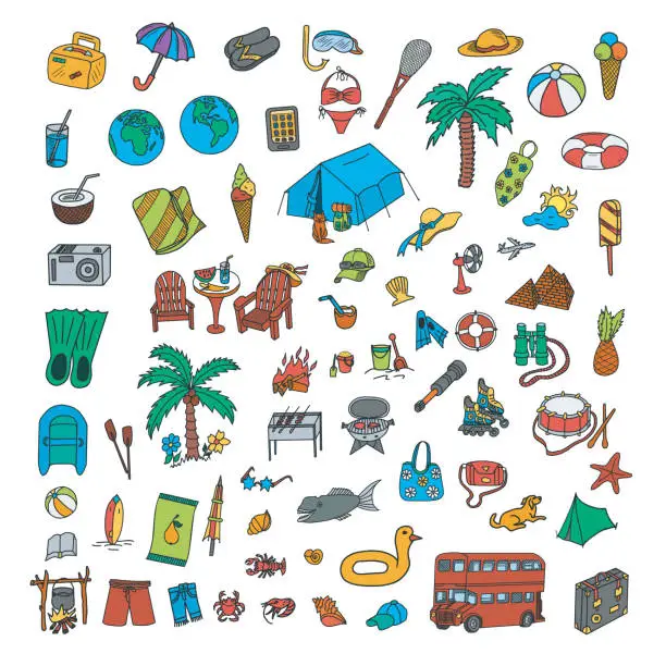 Vector illustration of Travel and Sea Colored Doodles Set