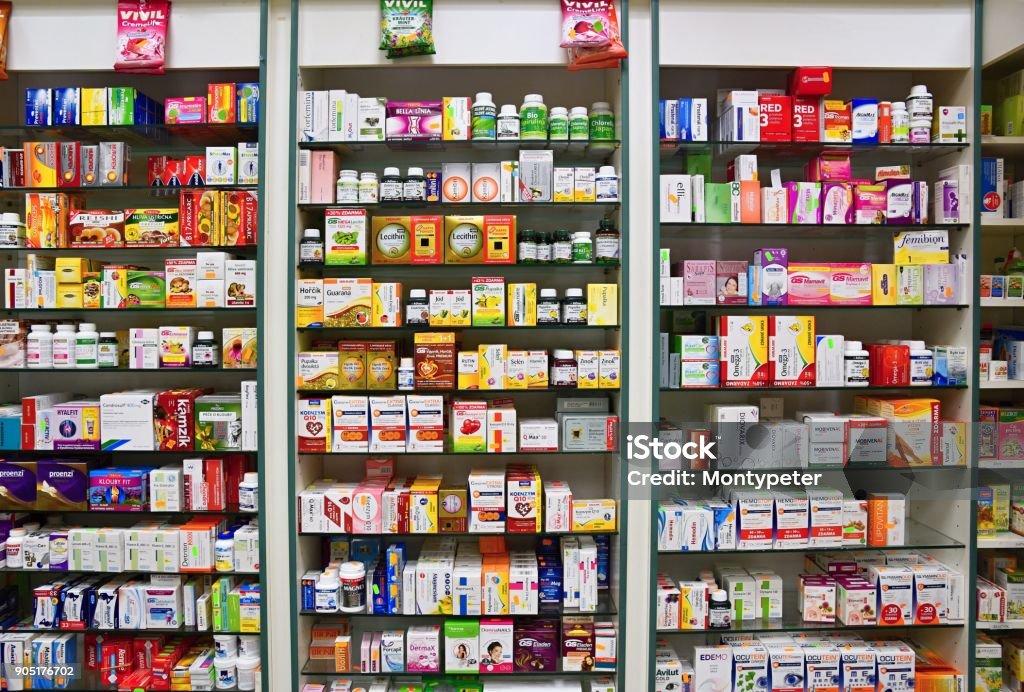 29th December 2017 Brno - Czech Republic. Background in pharmacy. Goods in the shelf. Medicines and vitamins for health and healthy lifestyle. Concept for business and sales Pharmacy Stock Photo