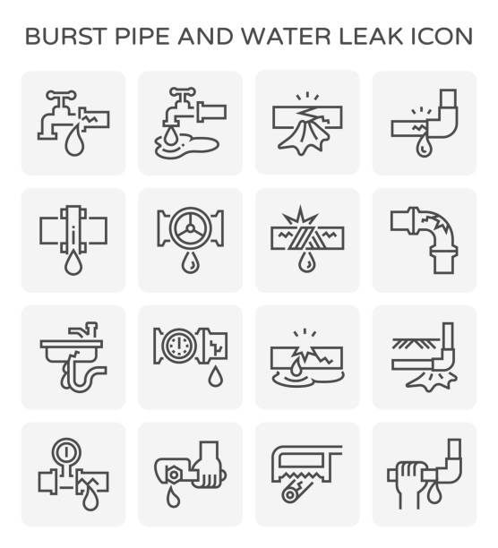 water leak icon Burst pipe and water leak icon set. splash crown stock illustrations
