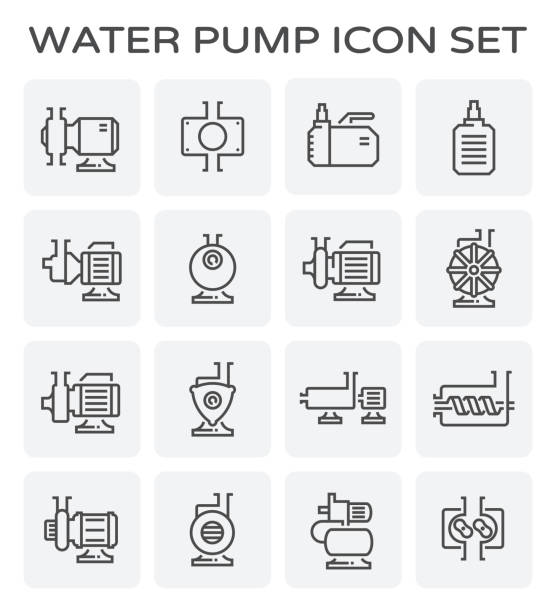 water pump icon Electric water pump and steel pipe icon set. lobe illustrations stock illustrations