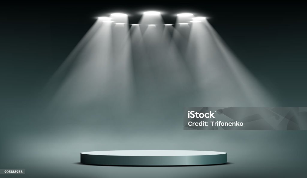 podium with searchlights Round podium illuminated by searchlights. Blank background for the presentation. Stock vector illustration. Stage - Performance Space stock vector