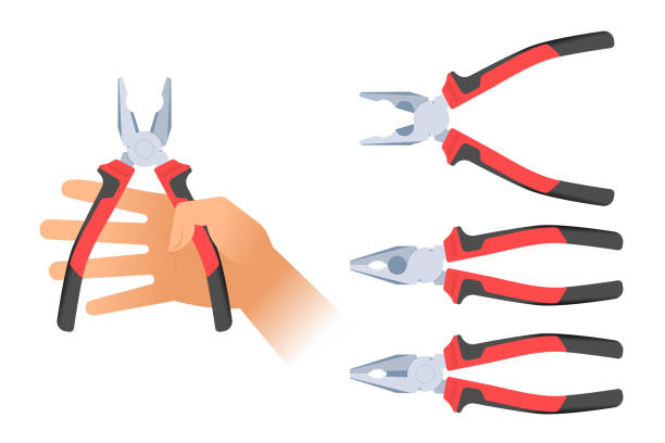 menschliche hand hält ein paar zangen. werkzeug-abbildung zu reparieren. - pliers work tool white background craft stock-grafiken, -clipart, -cartoons und -symbole