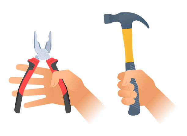 illustrations, cliparts, dessins animés et icônes de détient une pince de la main de l’homme et hummer avec poignée en plastique. - pliers work tool white background craft