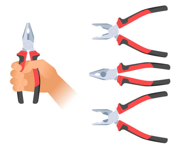 ilustrações de stock, clip art, desenhos animados e ícones de human hand holds a pair of pliers. builder tool illustration. - pliers work tool white background craft