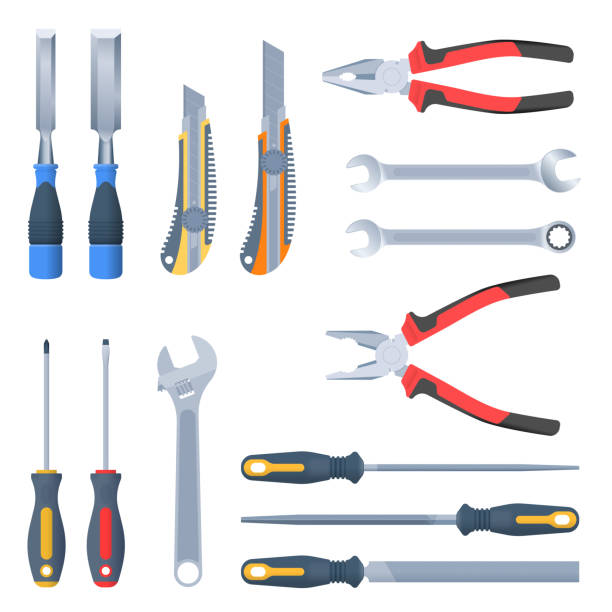 reparatur, baumeister und bau hand werkzeug-set. flache vektorelemente - pliers work tool white background craft stock-grafiken, -clipart, -cartoons und -symbole