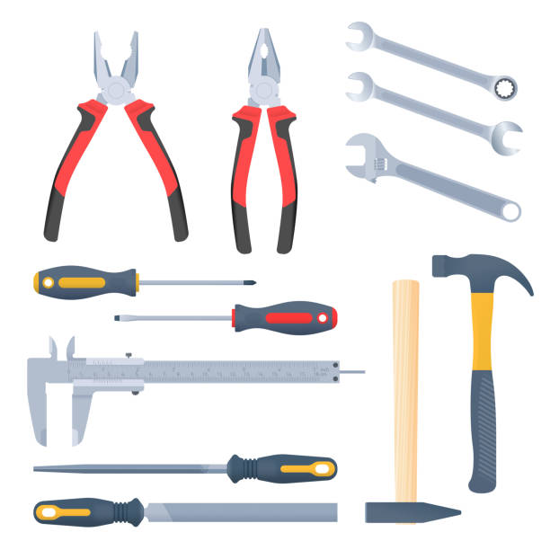 Builder, repair and construction hand tool set. Flat vector elements Builder, repair and construction hand tool set. Flat illustration of pliers, adjustable spanner, wrench, rasp, screwdrivers, hammers with wooden and plastic handles, caliper. Vector isolated elements. vernier calliper stock illustrations