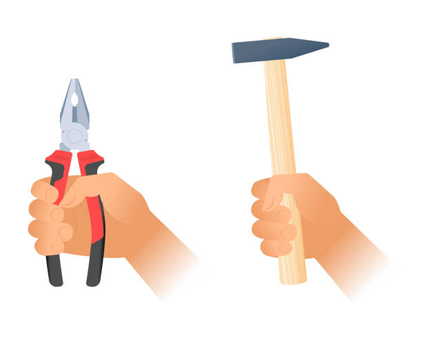 ilustrações de stock, clip art, desenhos animados e ícones de human hand holds a pliers and hummer with wood handle. - pliers work tool white background craft