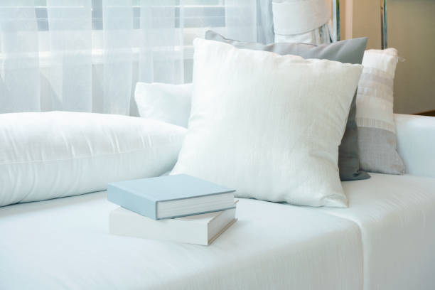 istock White pillows and books setting on white sofa in modern living room 905191796