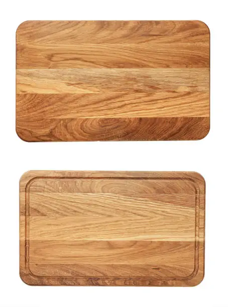 new rectangular wooden cutting board, top view, isolated