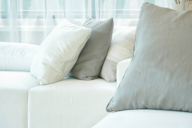 istock Gray and white pillow on white sofa in living room 905193208