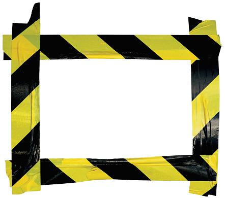 Yellow Black Caution Warning Tape Notice Sign Frame, Horizontal Adhesive Sticker Background, Diagonal Hazard Stripes Signal Safety Attention Concept, Isolated Large Detailed Closeup, Old Aged Weathered Grunge Pattern