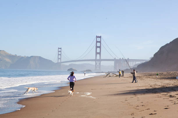 People running and fishing on baker beach close to Golden Gate bridge. San Francisco, CA, USA - May 07, 2017: People running and fishing on baker beach close to Golden Gate bridge. baker beach stock pictures, royalty-free photos & images