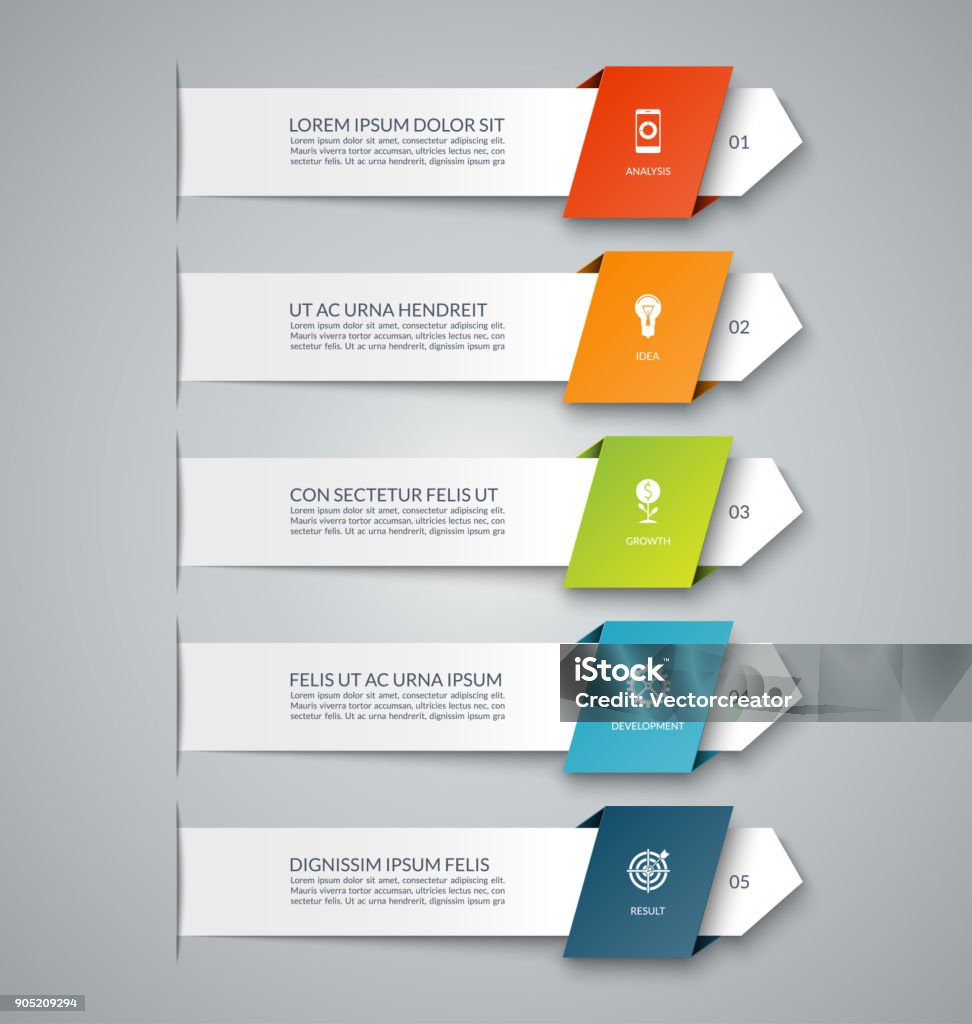 Infográfico banner com 5 setas. Pode ser usado para o diagrama, gráfico, gráfico, infografia de negócios, números opções, design web. - Vetor de Infográfico royalty-free