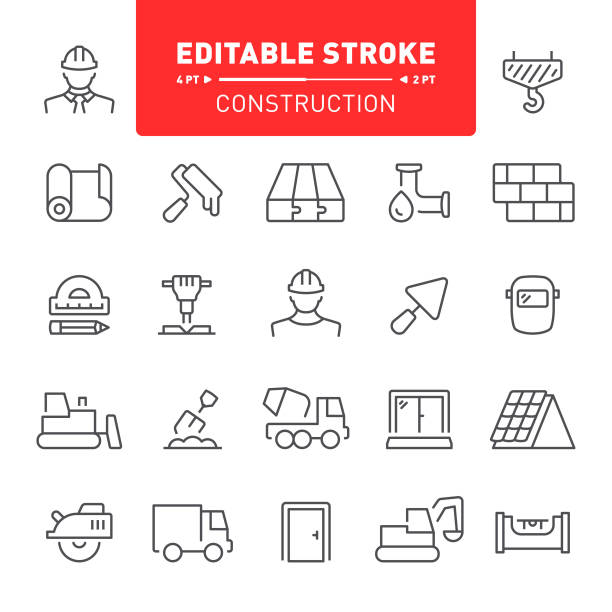 Construction Icons Construction industry, editable stroke icon set, repair, home repair, icon, work tools building entrance illustrations stock illustrations