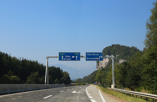 Freeway with Road Sign in Austria near Villach City and the italian border