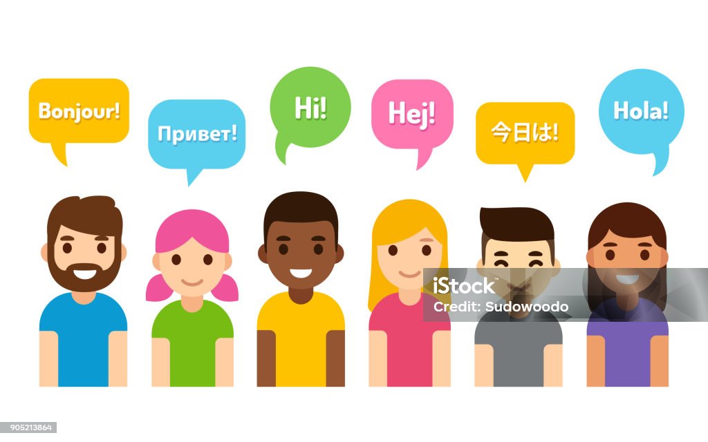 International group of people International group of people saying Hi in different languages. Diverse cartoon characters, flat vector style illustration. Learning, education and communication design element. Language stock vector