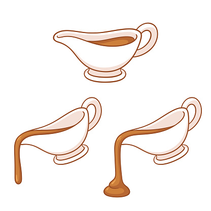 Gravy boat drawing set. Sauce dish pouring hot meat gravy, traditional holiday dinner element vector illustration.