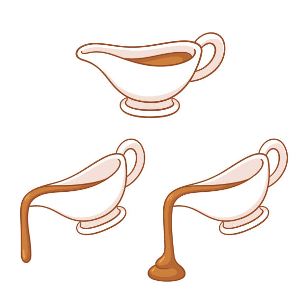 Gravy boat illustration set Gravy boat drawing set. Sauce dish pouring hot meat gravy, traditional holiday dinner element vector illustration. gravy stock illustrations