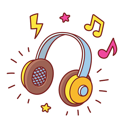 Bright cartoon headhpones drawing with cool comic style music notes and stars. Listening to music, vector illustration.