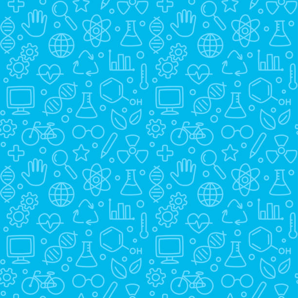 Seamless science pattern Bright blue hand drawn doodles science pattern. Seamless texture of science symbols, equipment and icons. Vector illustration. education patterns stock illustrations