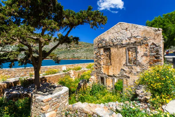 Historical site of Spinalonga island on a sunny spring day, Crete, Greece.