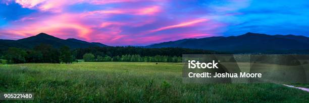 Pink Skies Over Cades Cove Panorama Stock Photo - Download Image Now - Cades Cove, Great Smoky Mountains, Great Smoky Mountains National Park