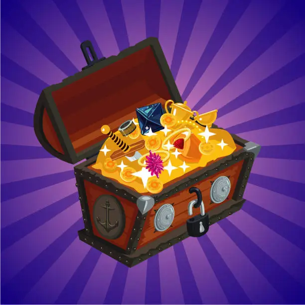 Vector illustration of Treasure chest with gold. Game design element, cartoon style.