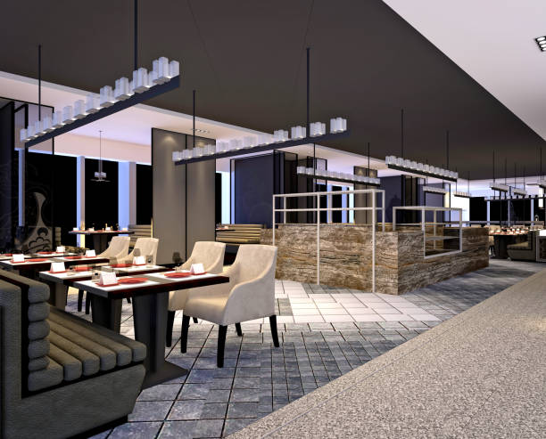 3d render of restaurant - indoors luxury restaurant store imagens e fotografias de stock