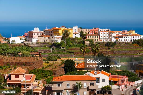 Agulo Village View Plantation Banana Buildings Colourful Ocean Blue La Gomera Canary Islands Spain Stock Photo - Download Image Now