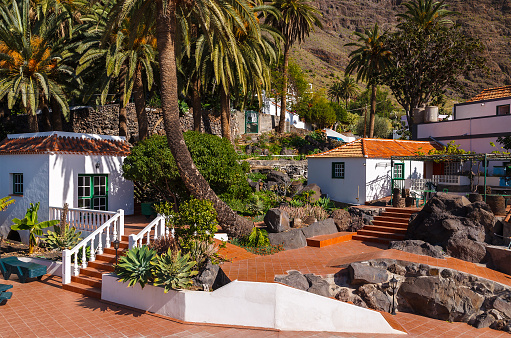 White traditional houses in Canary style palm trees, La Gomera island, Spain