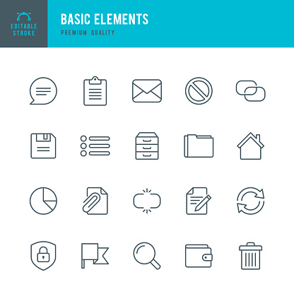 Set of Basic Elements thin line vector icons.