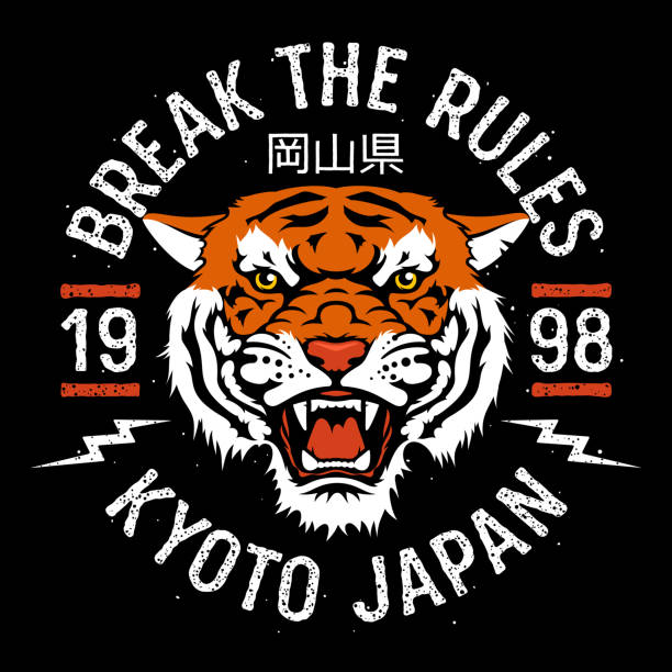 Tiger 004 Japanese Tiger patch embroidery. Vector. T-shirt print design. Tee graphics angry cat silhouette stock illustrations