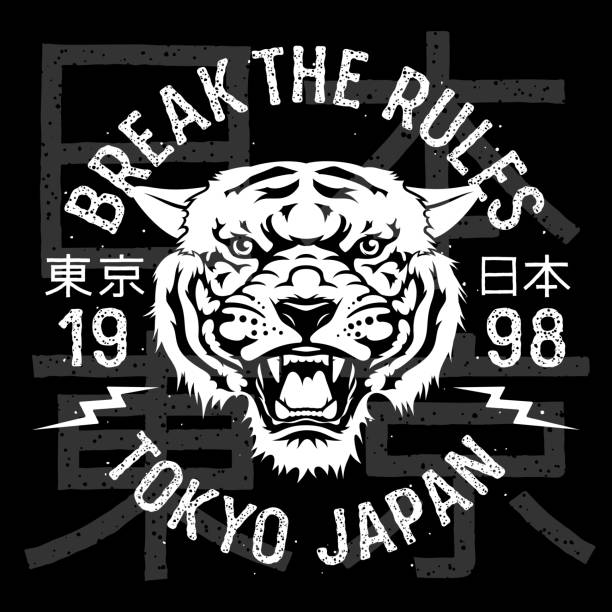 Tiger 005 Tiger patch embroidery. Vector illustration. T-shirt print design. Tokyo Japan Tee graphics angry cat silhouette stock illustrations