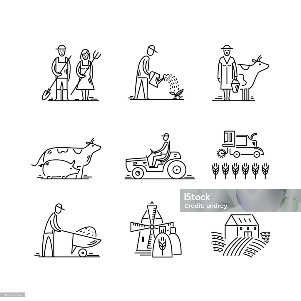 Line icons farming and agriculture Agronomy symbols, people, animals, farm field, agricultural equipment, tractor transport Line icons farming and agriculture Agronomy symbols, people, animals, farm field, agricultural equipment, tractor transport. Farmer stock vector