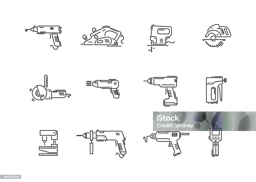 Working Tools For Construction And Repair Line Icons Drill Screwdriver  Puncher Jig Saw Fretsaw Plane Jointer Angle Grinder Stock Illustration -  Download Image Now - iStock