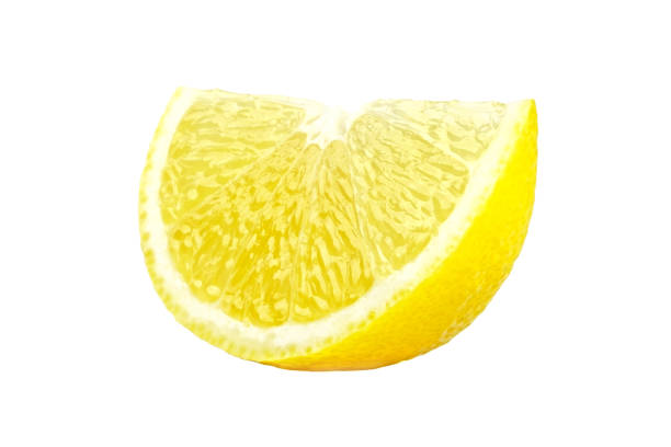 istock Textured ripe slice of lemon citrus fruit isolated on white background 905246800