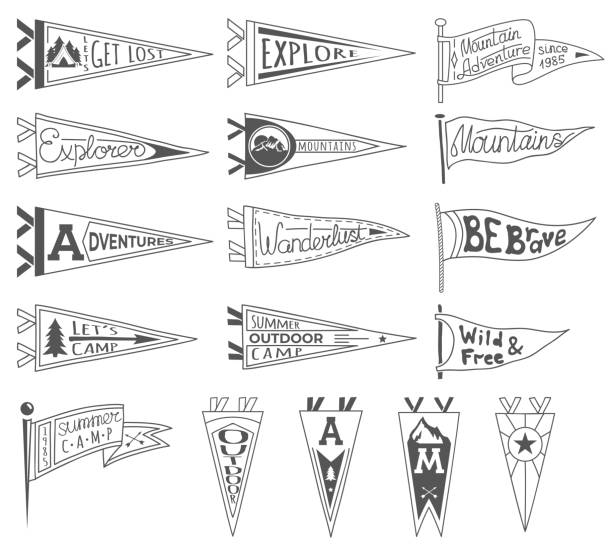 Set of adventure, outdoors, camping pennants. Retro monochrome labels. Hand drawn wanderlust style. Pennant travel flags design Set of adventure, outdoors, camping pennants. Retro monochrome labels. Hand drawn wanderlust style. Pennant travel flags design. Vector illustration. camping drawings stock illustrations