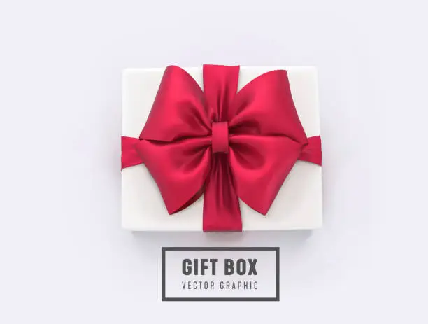 Vector illustration of Gift white box with red bow and ribbon isolated on white background. Vector 3d illustration.