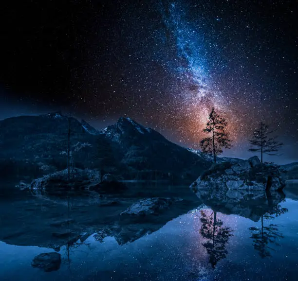 Milky way at Hintersee lake in Alps, Germany