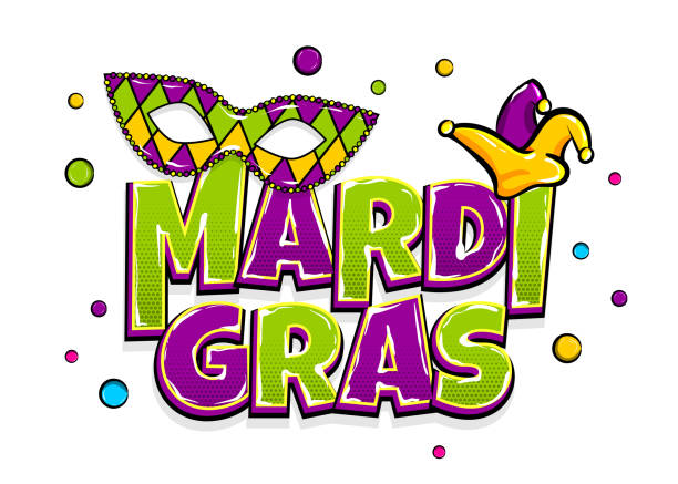 Mardi Gras shimmer pearl backdrop Comics text black mask isolated. Colored pearls shimmer random falling. Mardi Gras - Fat Tuesday carnival carnival in a French-speaking country. Comic book cartoon vector illustration pop art. purple and gold masquerade masks stock illustrations